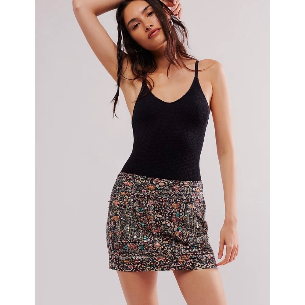Free People Floral Sequin Beaded Mini Skirt Black Multi Metallic XS Boho Glam